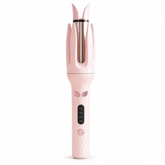 Curlixo Pink 28mm automatic curling iron with smart timer on a white background