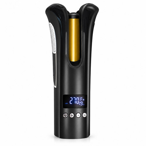 Curlixo Black and gold automatic curling iron with digital display on a white background