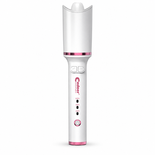 Curlixo White and pink automatic rotating ceramic curling iron on a white background