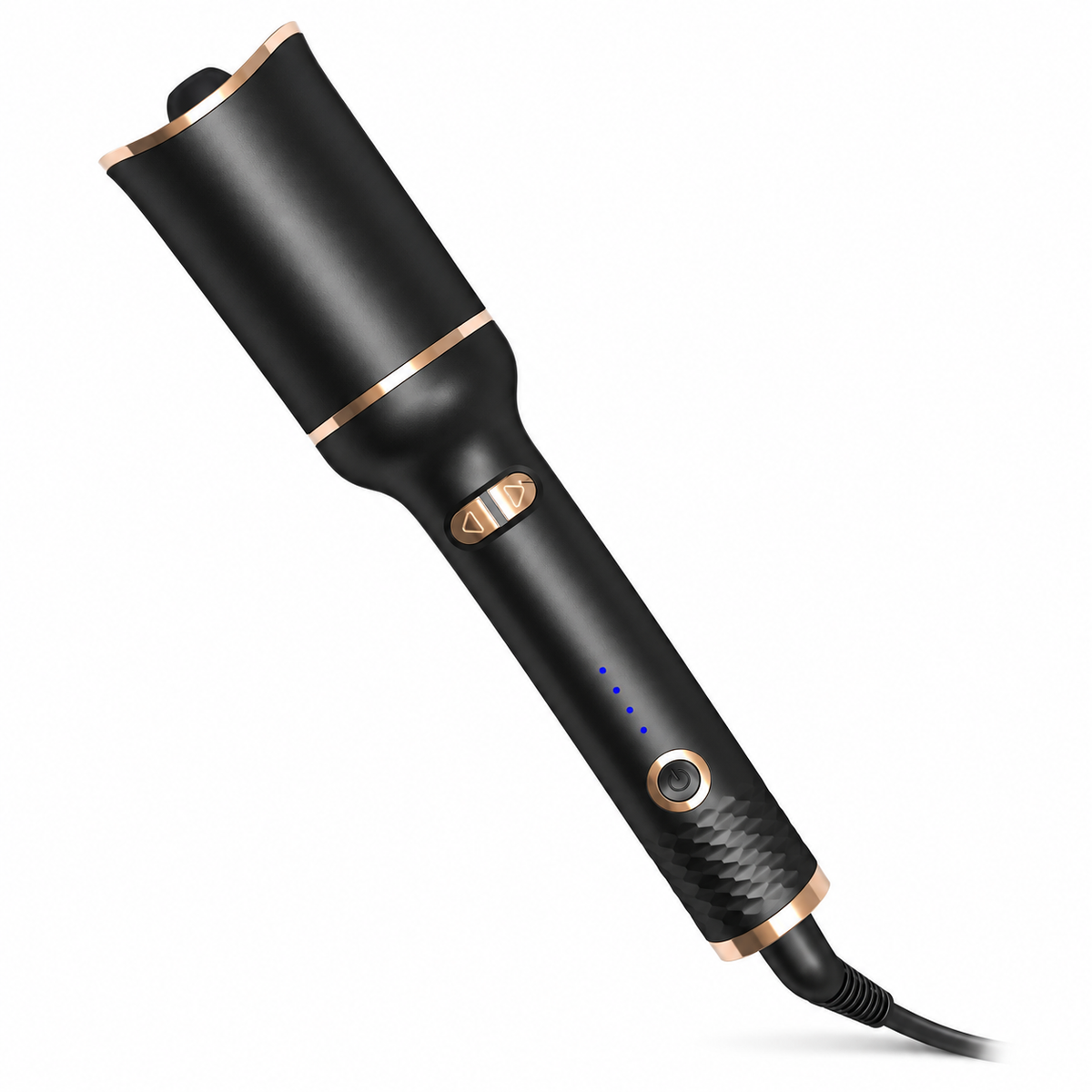 Curlixo Black and rose gold electric automatic curling iron on a white background