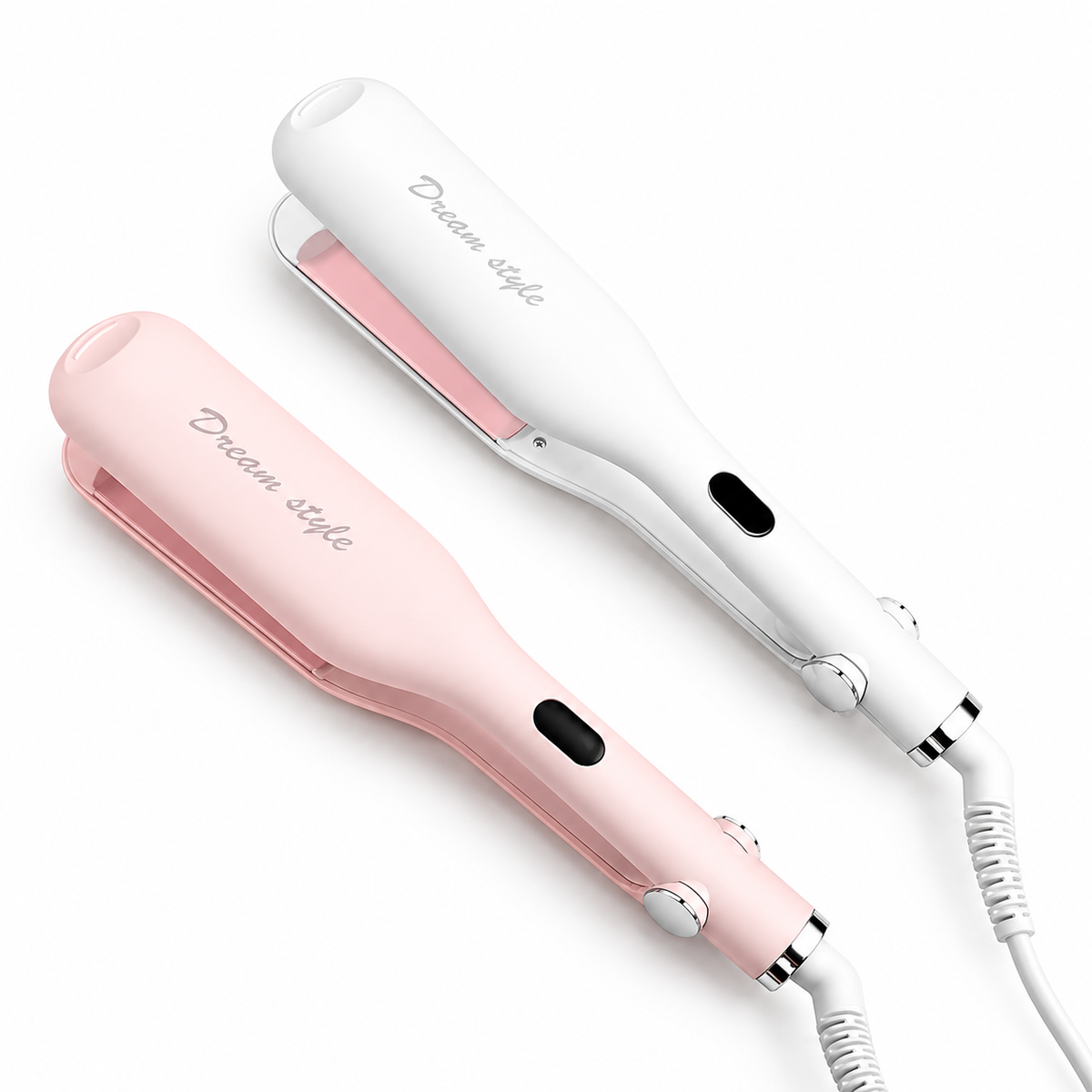 Curlixo Pink and white electric automatic hair styling irons on a white background