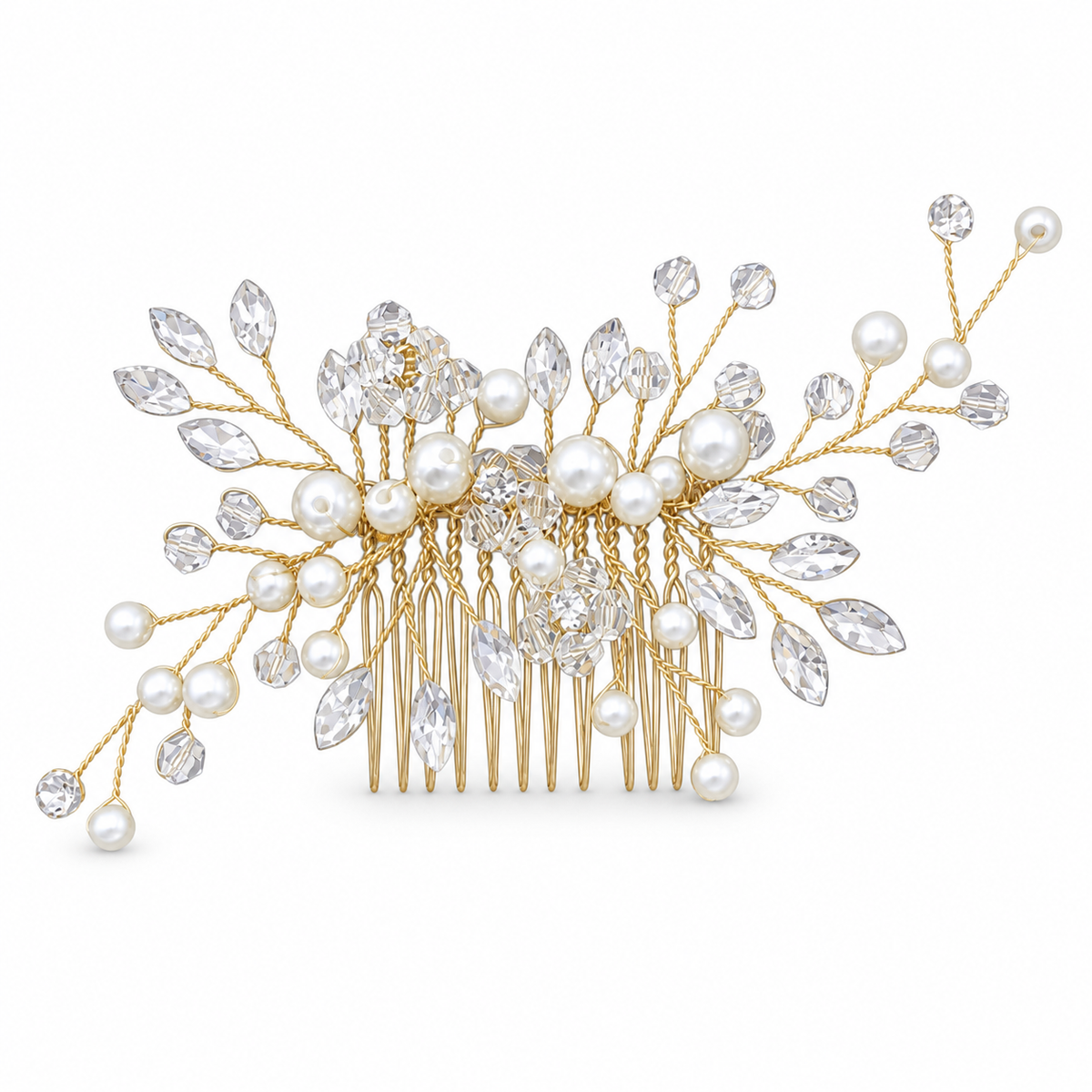 Curlixo Gold bridal hair comb with white pearls and clear crystals on a white background