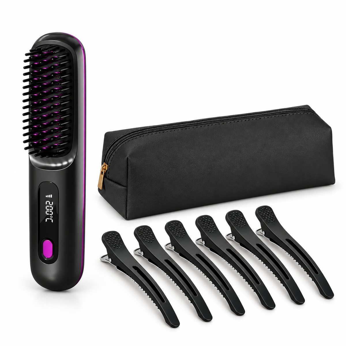 Curlixo Portable heated straightening brush set with clips and pouch on a white background