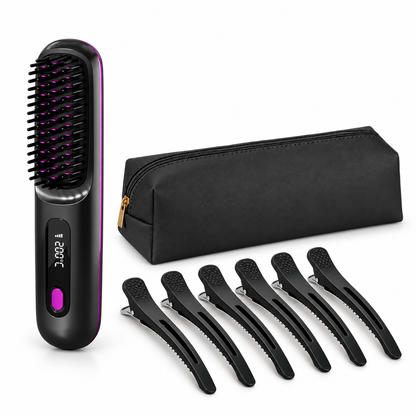 Curlixo Portable heated straightening brush set with clips and pouch on a white background