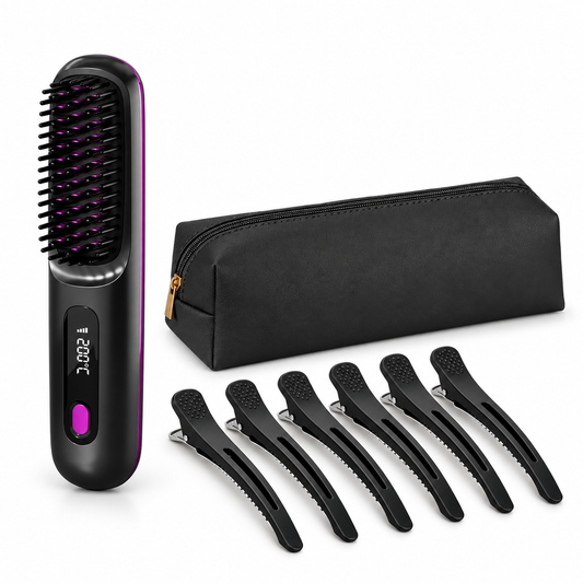 Curlixo Portable heated straightening brush set with clips and pouch on a white background