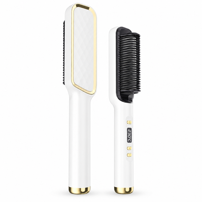 Curlixo White and gold professional hair straightener brush on a white background