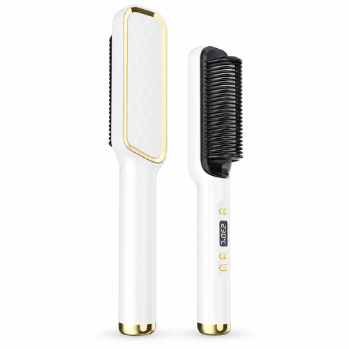 Curlixo White and gold professional hair straightener brush on a white background