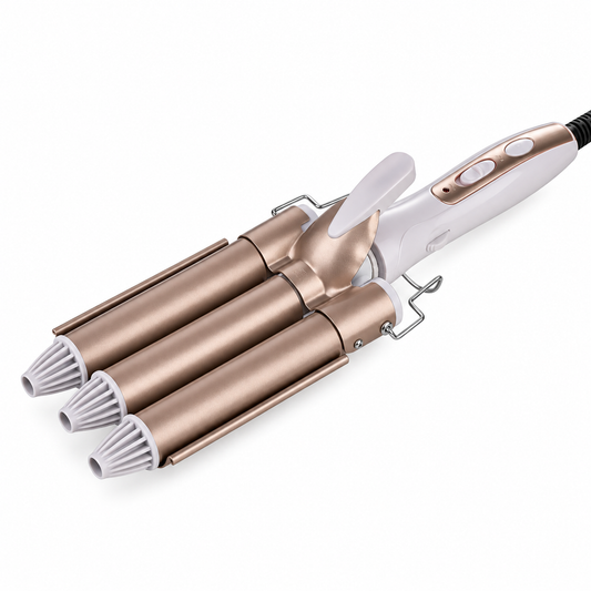 Curlixo Rose gold three-barrel ceramic curling iron on a white background